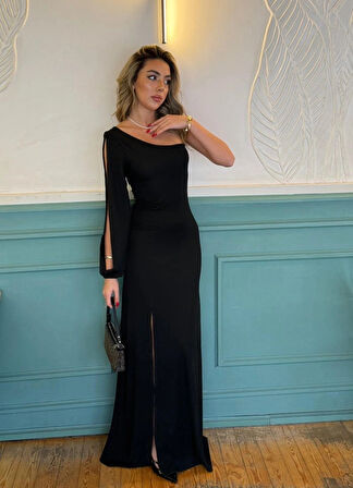 Tek Omuz Açık Derin Yırtmaçlı Krep Tam Boy Elbise