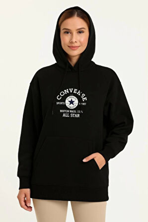 Üç İplik Kapşonlu ön Ve Arka Baskılı weathirt Hoodie iyah