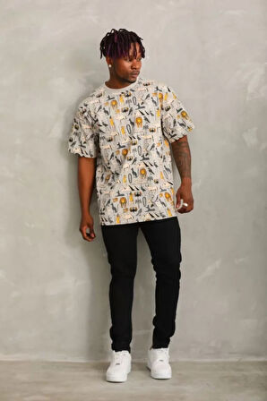 Unisex Oversize Baskılı Bisiklet Yaka Thirt  Gri