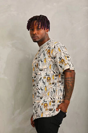 Unisex Oversize Baskılı Bisiklet Yaka Thirt  Gri