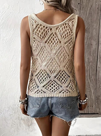 Kadın Askılı Yuvarlak Yaka Geometrik Desenli Triko Bluz