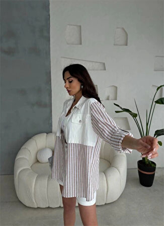 GABARDİN ŞORT  GABARDİN  ÇİZGİLİ KETEN GARNİLİ CEKET TAKI  Kahverengi