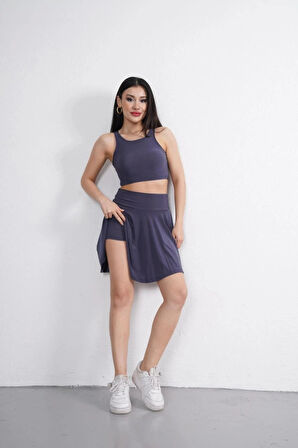 endy Kumaş Bisiklet Yaka Crop Şortlu Etek Ikili Takım  Antrasit