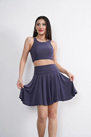 endy Kumaş Bisiklet Yaka Crop Şortlu Etek Ikili Takım  Antrasit