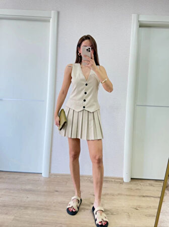 Takım Görünümlu Yelekli ini Elbise Bej