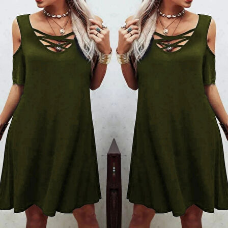 Dekolteli Bağcık Detay Viskon Kumaş Elbise