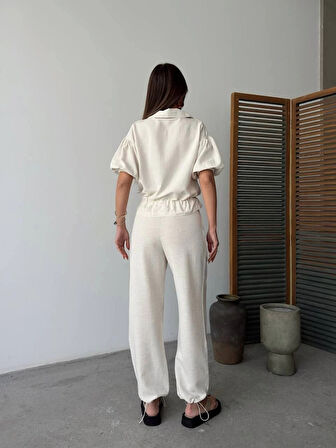 Keten Tam Fermuarlı Kısa Kollu Gömlek Pantolon Ikili Takım  Beyaz