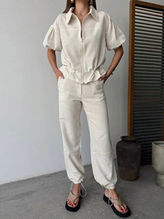Keten Tam Fermuarlı Kısa Kollu Gömlek Pantolon Ikili Takım  Beyaz