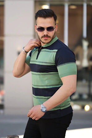 Erkek Yakalı Fermuarlı çift Renk Kısa Kollu Tshirt