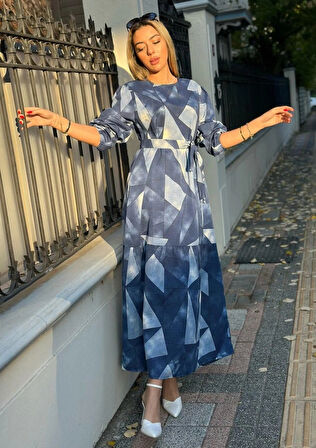 Kadın Uzun Kollu Bisiklet Yaka Geometrik Desen Baskılı Kuşak Dahil Maxi Boy Elbise