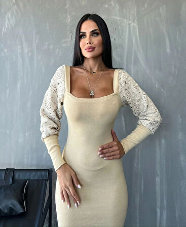 Kadın Kare Yaka Kolları anşet Ve Tül Detay Fırsat ürün idi Boy Elbise