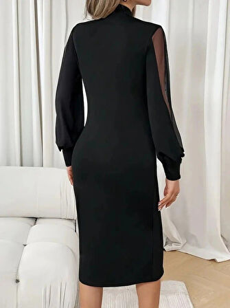 Kadın Uzun Kollu Yarı Balıkçı Yaka Tül Ve Inci Detaylı Kısa Ithal Krep Midi Elbise