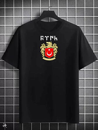 Unisex Bisiklet Yaka Baskılı Oversize Thirt  iyah