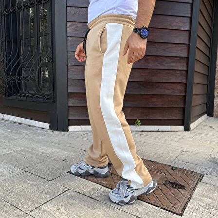 Erkek Üç İplik Kışlık Pamuklu Yandan Garneli Kalın Şeritli Cepli Eşofman Altı  Bej