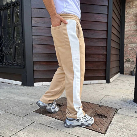 Erkek Üç İplik Kışlık Pamuklu Yandan Garneli Kalın Şeritli Cepli Eşofman Altı  Bej