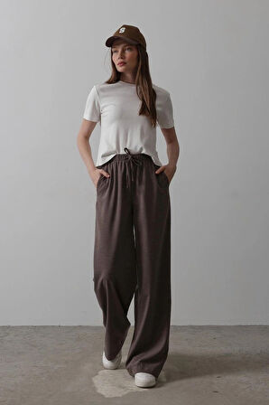 Beli Lastikli Bol Paça Pantolon  Kahve