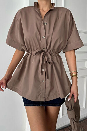 BEL BÜZGÜ DETAYLI POPLİN GÖMLEK  Kahverengi