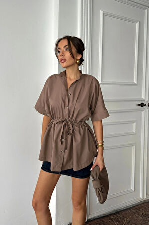 BEL BÜZGÜ DETAYLI POPLİN GÖMLEK  Kahverengi