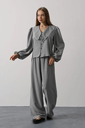 İşlemeli Bebe Yakalı Pantolon Takım  iyah