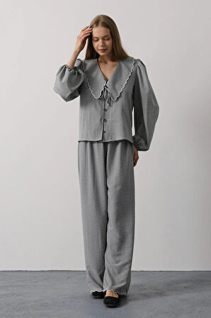 İşlemeli Bebe Yakalı Pantolon Takım  iyah