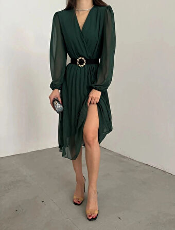 Kadın şifon Kumaş Astalı Kloş Kesim Kruvaze Yaka idi Boy Elbise