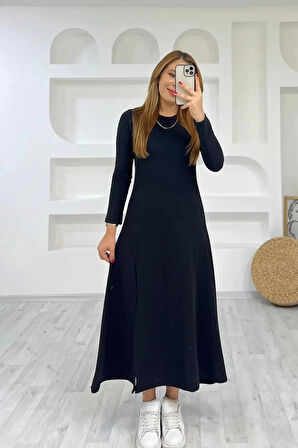 Kadın Uzun Kollu Bisiklet Yaka ize Kadar Yırtmaç Detay Maxi Boy Elbise
