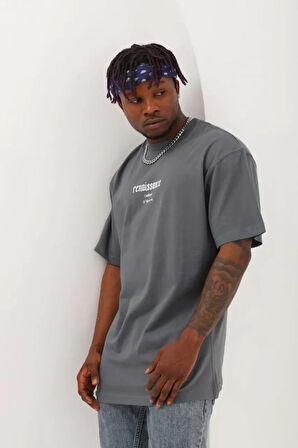 Unisex Oversize Baskılı Bisiklet Yaka Thirt  Füme