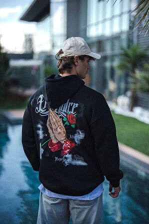 Üç İplik Penye Kapşonlu Baskılı weathirt  iyah