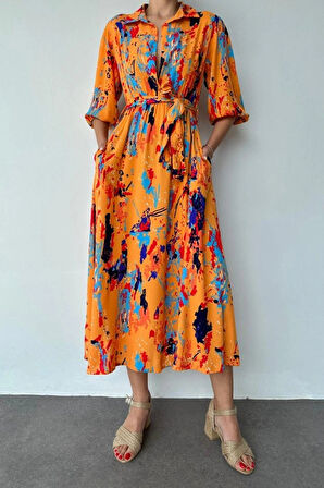 Oranj Çiçek Desenli Kemerli Elbise