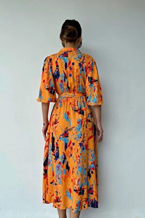 Oranj Çiçek Desenli Kemerli Elbise