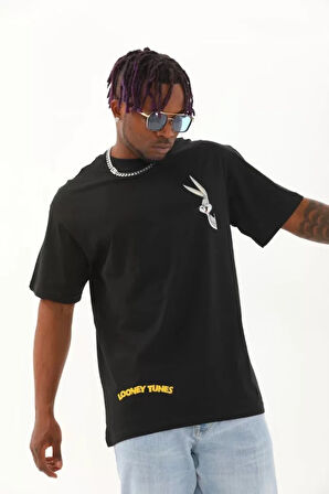 Unisex Oversize Baskılı Bisiklet Yaka Thirt  iyah