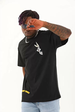 Unisex Oversize Baskılı Bisiklet Yaka Thirt  iyah