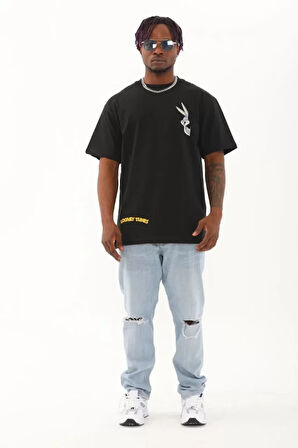 Unisex Oversize Baskılı Bisiklet Yaka Thirt  iyah