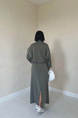 Haki Biyeli weatshirt Ve Etek Takım