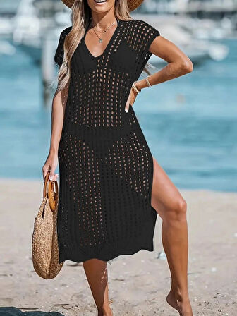 Kadın Sıfır Kol V Yaka Yanı Derin Yırtmaçlı Midi Boy Triko Elbise