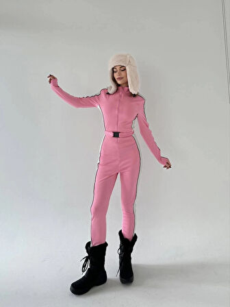 Kemer Detaylı Fermuarlı Tulum  Pembe