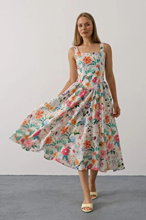 Çiçek Desenli Askılı Elbise  Pembe Çiçek