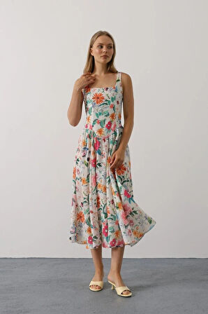 Çiçek Desenli Askılı Elbise  Pembe Çiçek