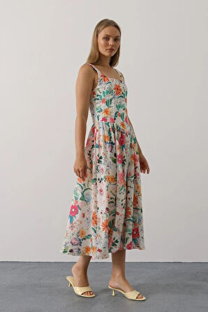 Çiçek Desenli Askılı Elbise  Pembe Çiçek