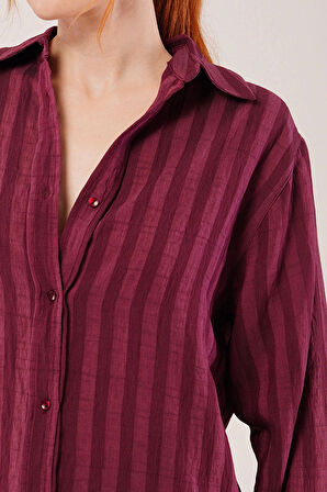 Düğmeli Ve Çizgi Detaylı Bordo Gömlek
