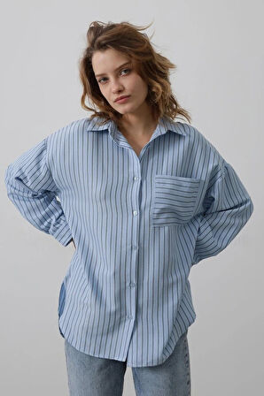 Çizgili Tek Cep Gömlek  Bebe Mavisi