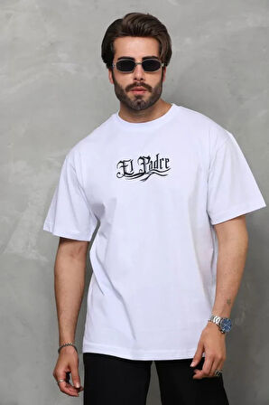 Unisex Bisiklet Yaka Baskılı Oversize Thirt  Beyaz