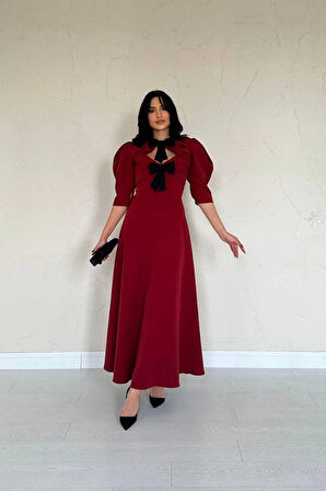 Bordo Ön Dekolteli Fiyonk Garnili Uzun Elbise