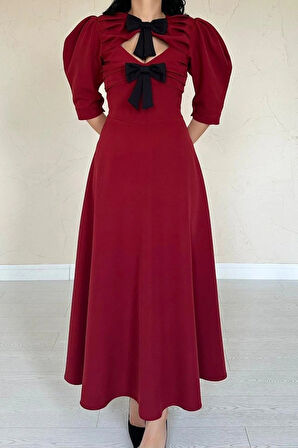 Bordo Ön Dekolteli Fiyonk Garnili Uzun Elbise