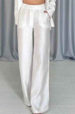 Ekru Beli Kuşaklı Ceket Ve Pantolon Parlak Takım