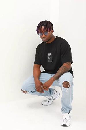 Unisex Oversize Baskılı Bisiklet Yaka Thirt  iyah