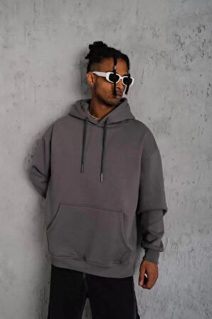 Erkek Düz Kapüşonlu Sweat  Gri
