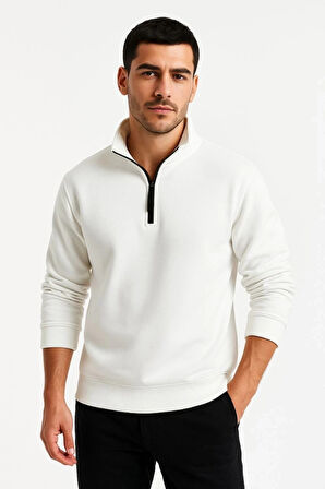 Erkek Dik Yaka weatshirt Dik Yaka Yarım Fermuarlı 3 İplik Şardonlu Pamuk Kumaş  Beyaz
