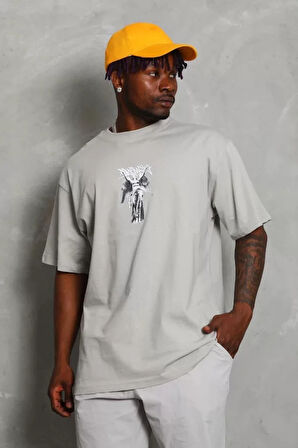 Unisex Oversize Baskılı Bisiklet Yaka Thirt  Gri