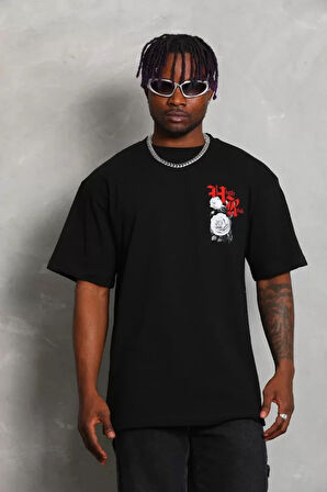 Unisex Oversize Baskılı Bisiklet Yaka Thirt  iyah